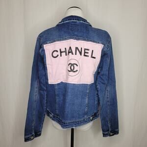 Designer-Ish Pink Patch Denim Jean Jacket Upcycled NEW Large